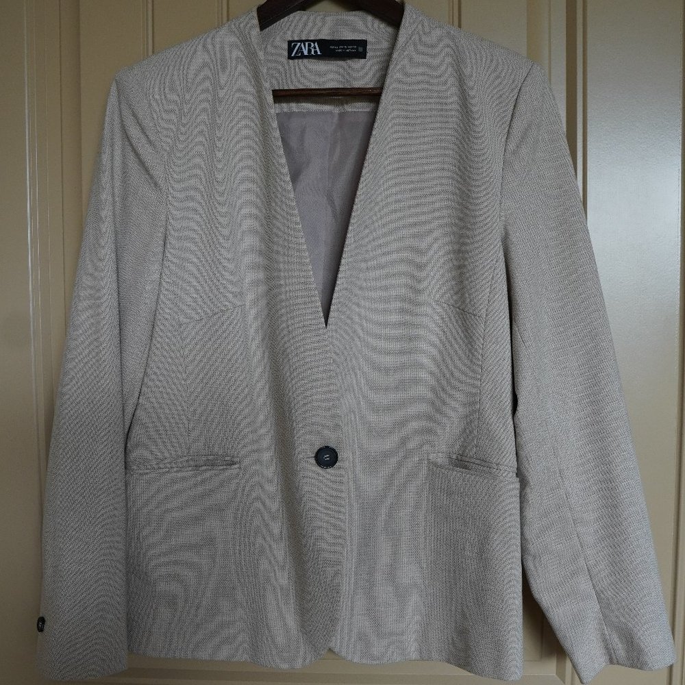 Zara No collar one button Linen Blazer Tan Size 10